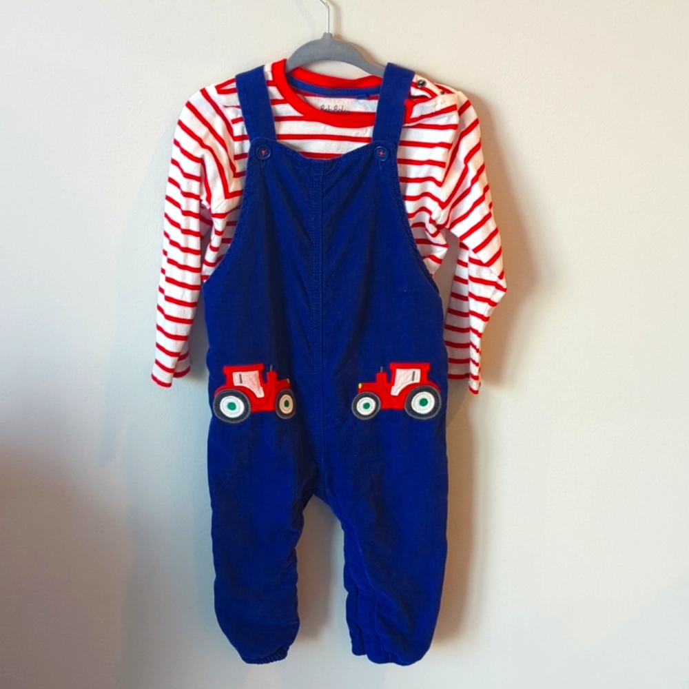 Baby Boden boy overalls. Corduroy with tractor accents. Red stripped shirt